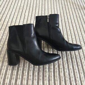 Franco Sarto Leather Bootie Block Heel Black Pointed Size 8